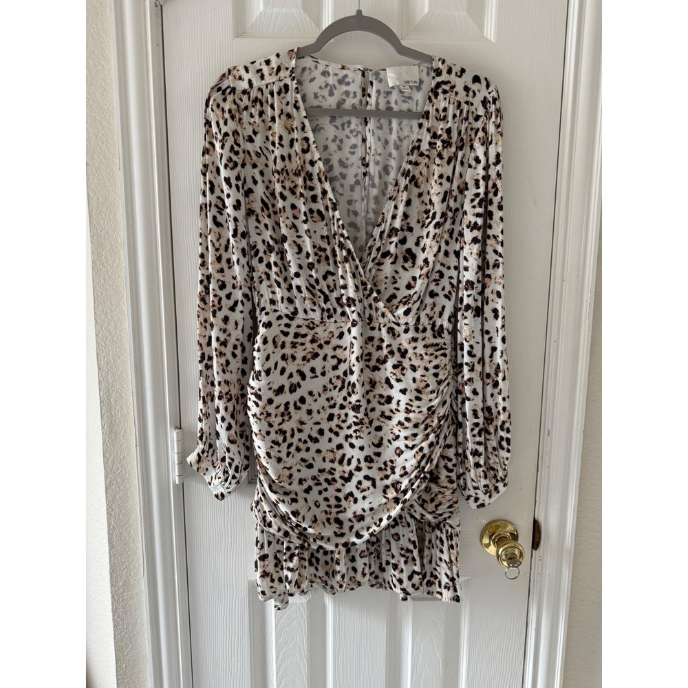 Greylin Leopard Print Ruched Long Sleeve Mini Dress Size M